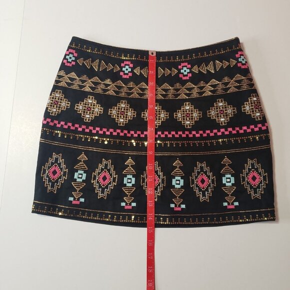 Miami Brand Embroidered Tribal Print Mini Skirt Women’s Medium Black Multicolor - Picture 7 of 16